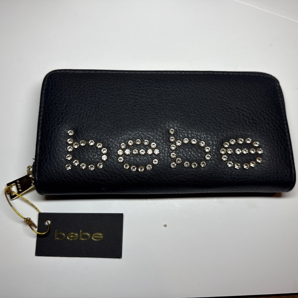 Bebe‎ Black Wallet Clutch Rhinestone Studded Faux Leather Zip-Top JETTA SLG NIB